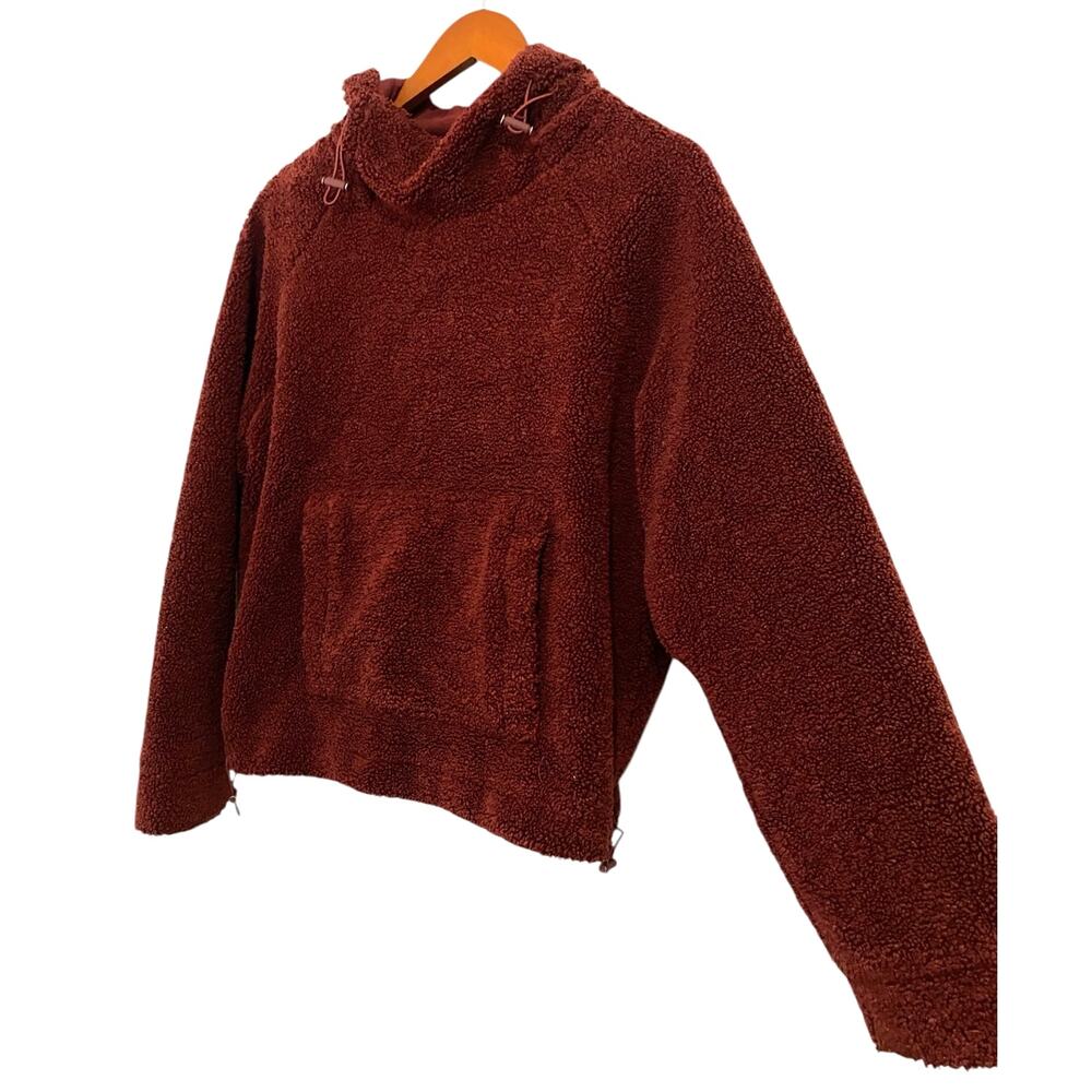 Vince Cozy Pullover Hoodie Small Red Maroon Faux Sherpa Teddy Cropped Sweatshirt - Picture 11 of 16